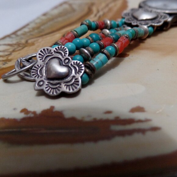 Peyote Bird Santa Fe Wrist Watch Sterling Turquoise and coral - Picture 4 of 13